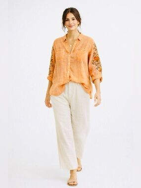 Aratta Embroidered Boho Button Down Shirt Size Large NWT